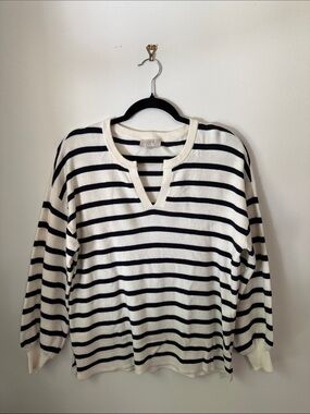 LOFT Cream and Black Striped V‑Notch Sweater